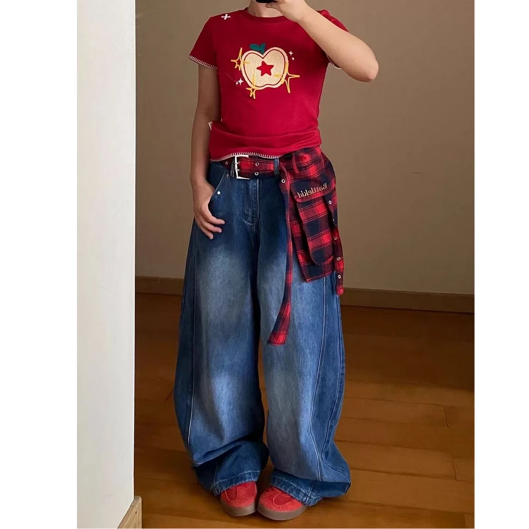 美式高街格子裙摆弯刀牛仔裤女阔腿高街设计感宽松休闲香蕉长裤