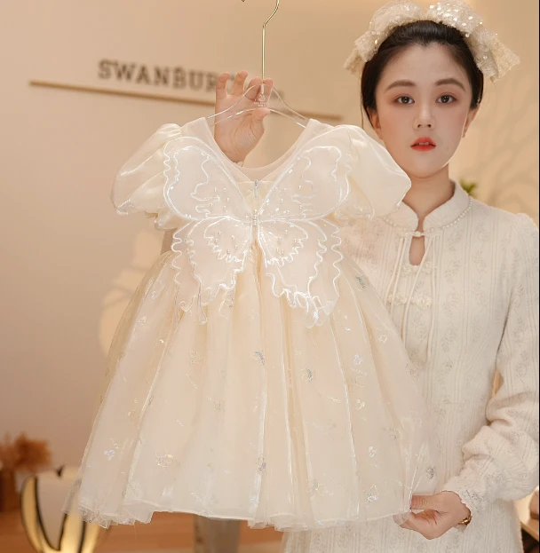 【Y.a6357】2025夏季新款女宝连衣裙女童重工甜美公主裙国风泡泡袖