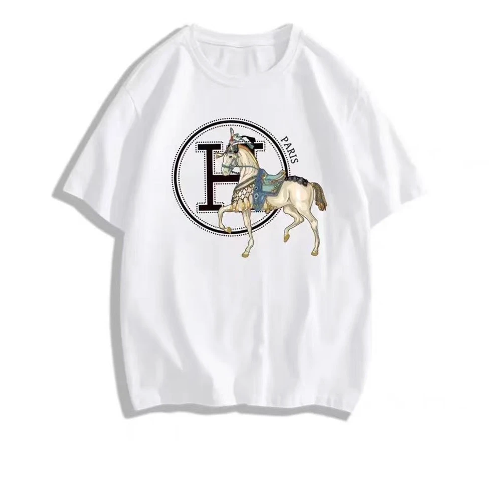 【H马】2025立体印花夏季新款国潮复古显瘦时尚白色半袖t恤设计感