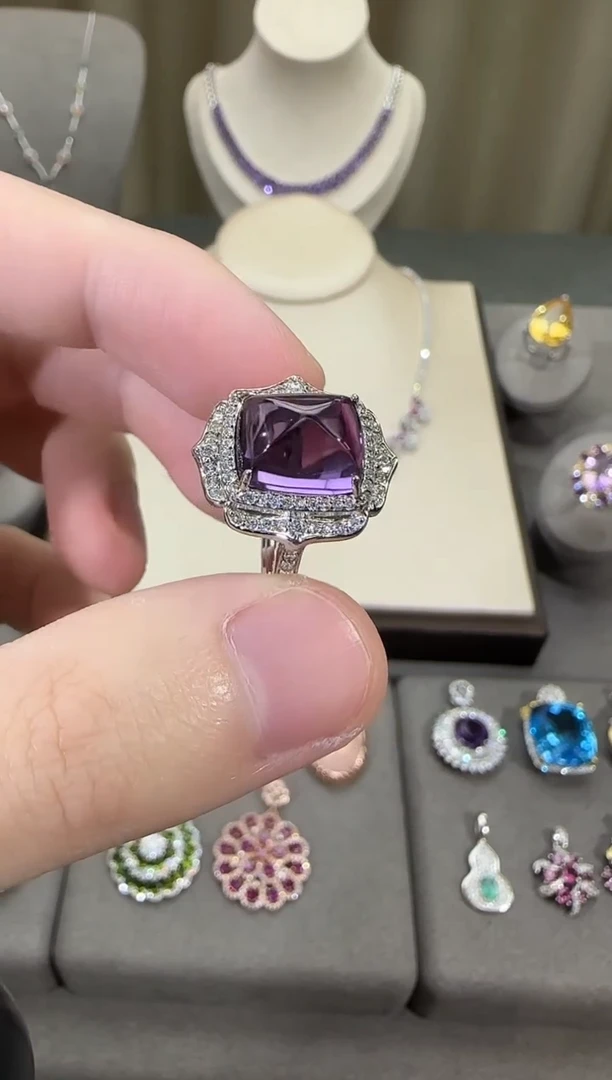 银S925镶嵌戒指紫晶9*10mm糖塔设计款