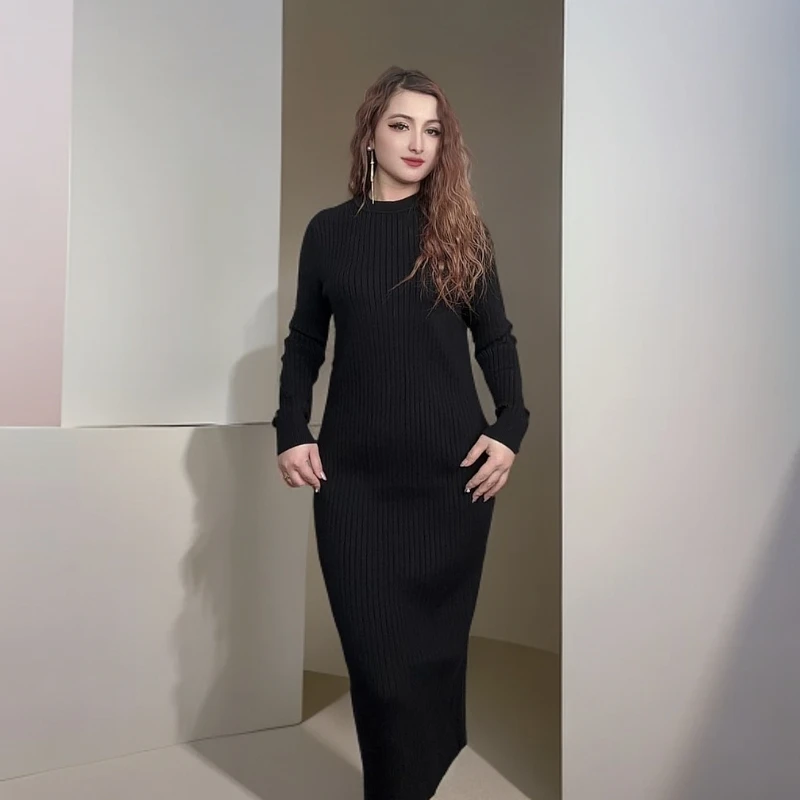 【2258】2025年新款连衣裙显瘦长袖长袖针织时尚时尚网红修身过膝