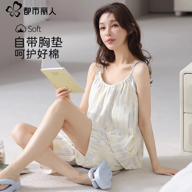 都市丽人纯棉睡衣女款夏季带胸垫吊带短裤2025新款套装外穿家居服