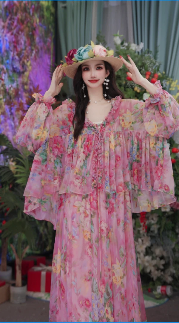 【富丽堂皇】夏季桑蚕丝宽松防遮阳晒吊带女装两件套连衣裙251D819