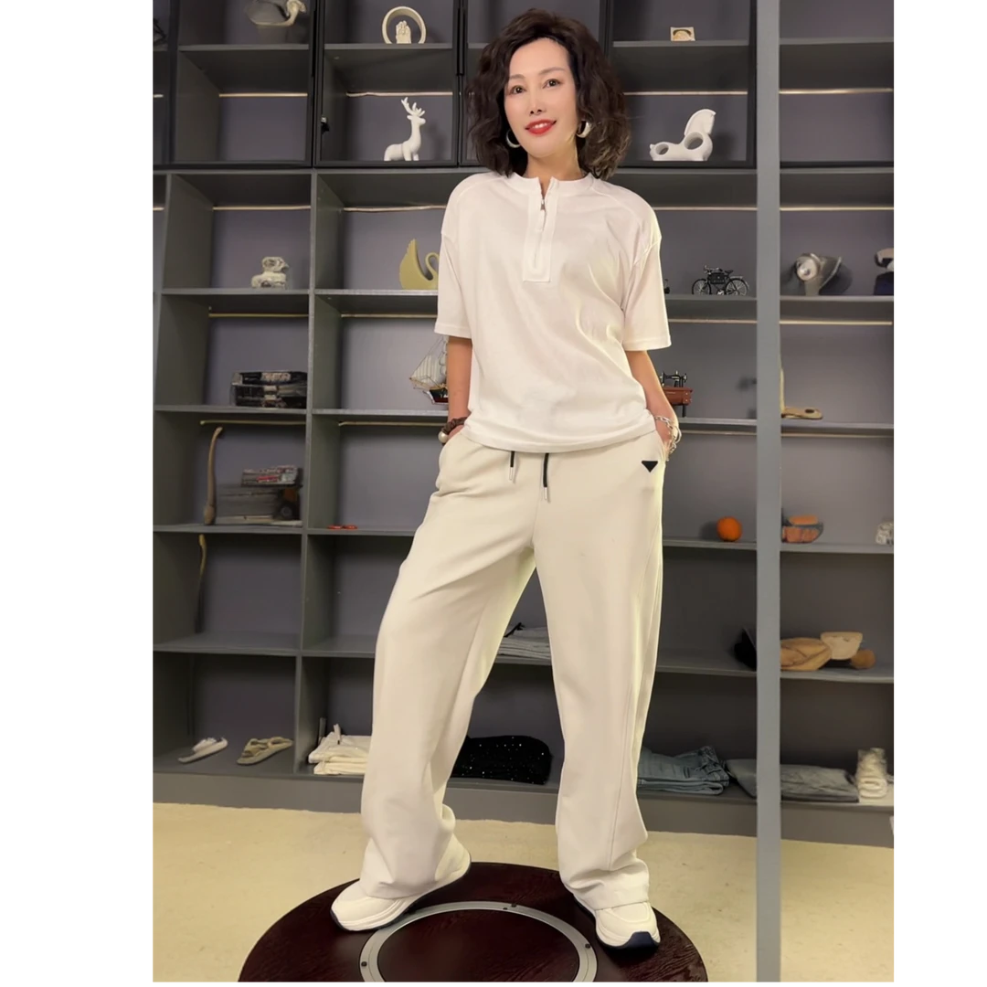 ABJ 2025韩版春夏短袖T恤全棉圆领半门襟拉链休闲百搭白色简约款