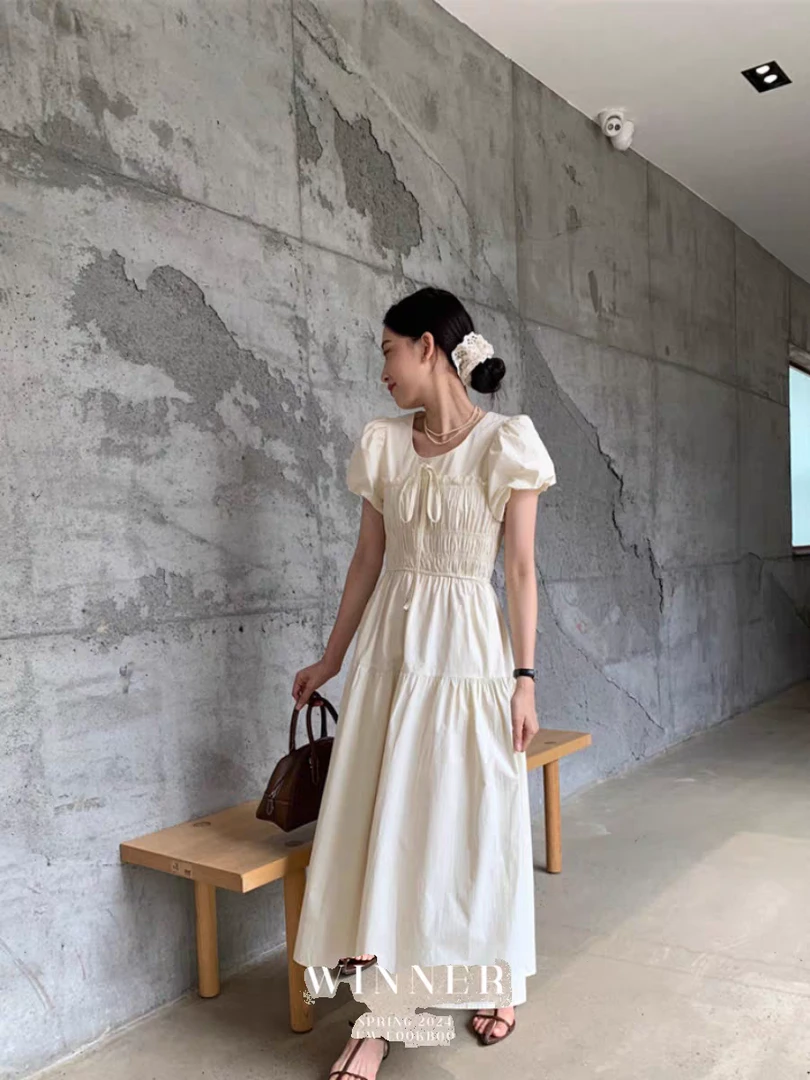 减龄褶皱方领系带连衣裙夏季女中长款9390长裙