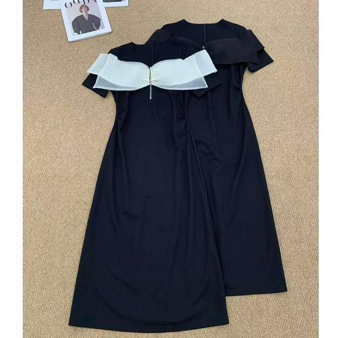 28086两色气质高级网纱蝴蝶结短袖连衣裙