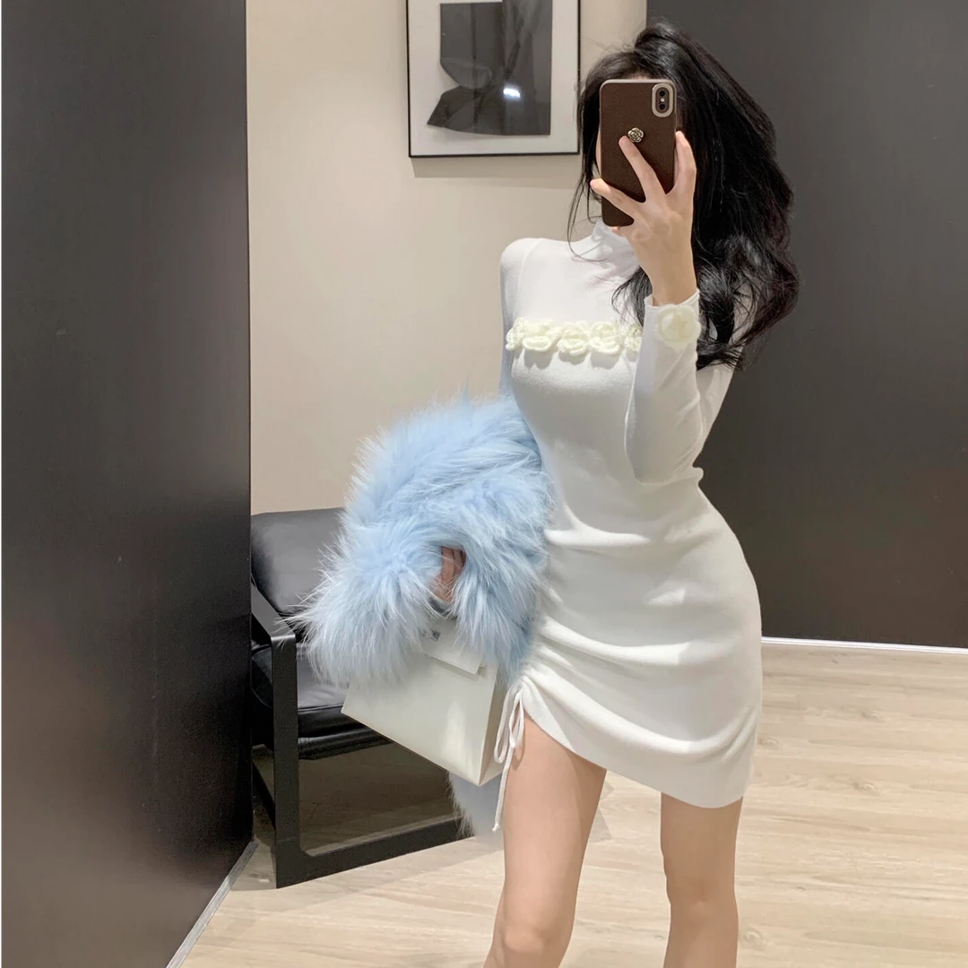 长袖白色性感连衣裙女装秋冬季立体花朵收腰短裙辣妹修身包臀裙子