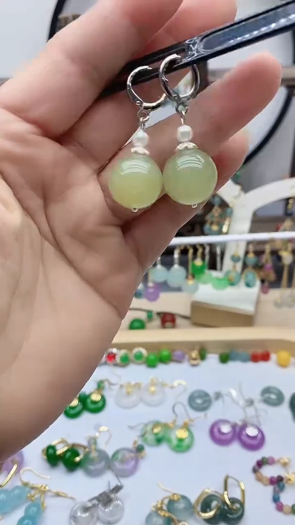 银S925镶嵌和田玉耳饰134