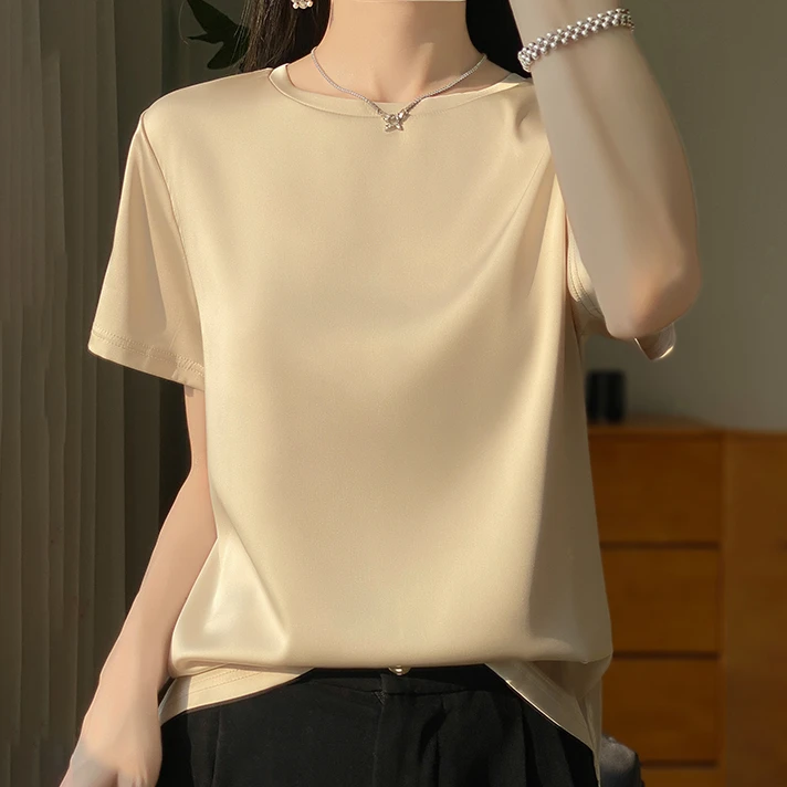 桑蚕丝圆领透气T恤纯色短袖女士t恤夏季打底重磅简约设计感百搭