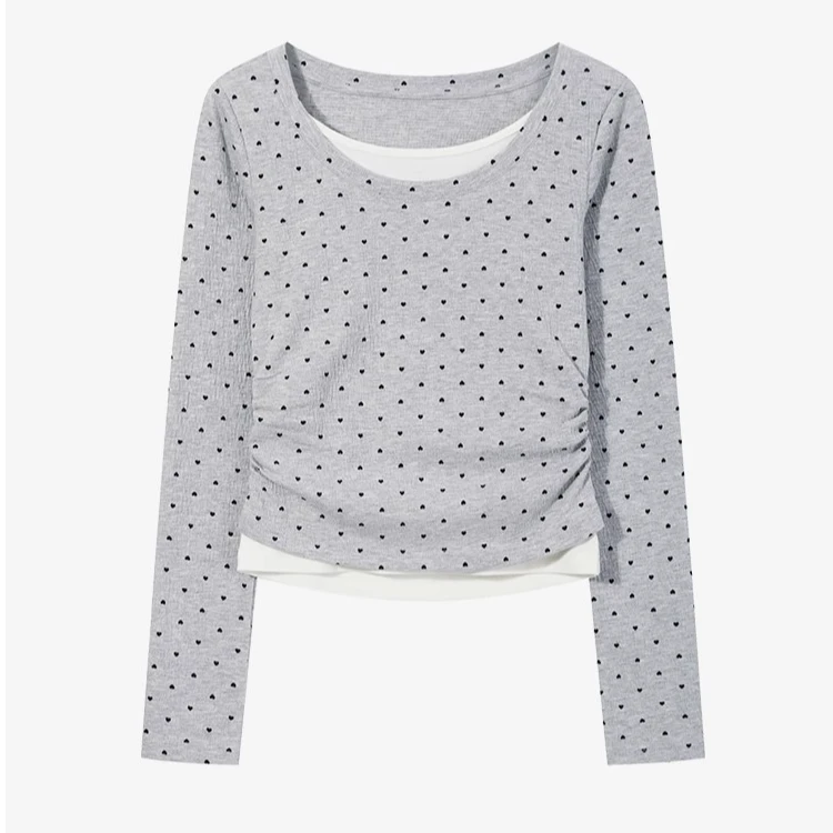 现现-假两件百搭显瘦上衣春季新款爱心图案打底Y50147892