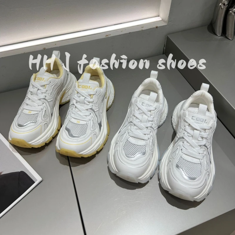 真皮厚底老爹鞋女2025夏季上新款复古网面轻便软底休闲跑步运动鞋