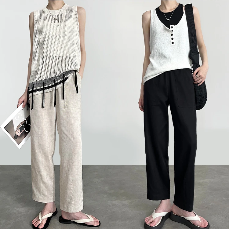 天丝亚麻九分裤女夏薄款2025新款高腰垂感老钱休闲凉感直筒阔腿裤