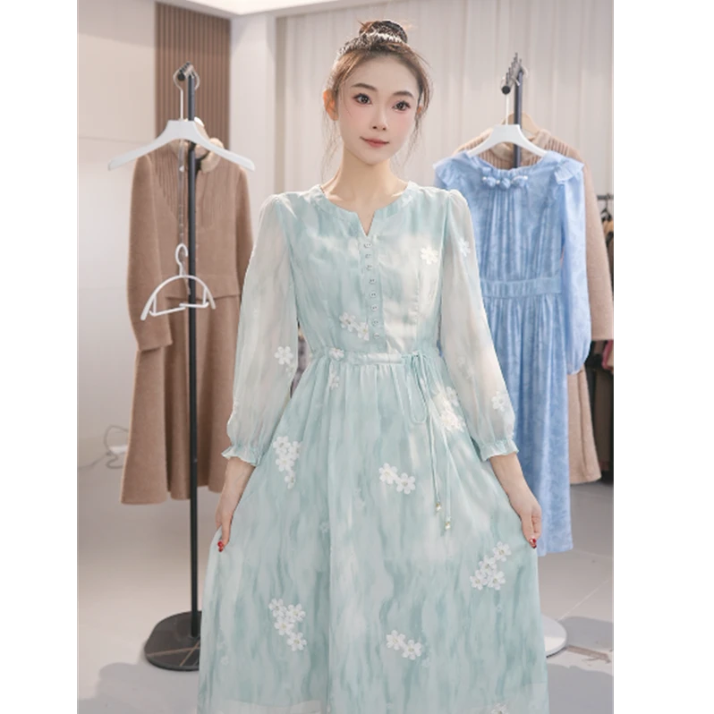 Y1853时尚洋气长袖碎花连衣裙2025早春新款气质显瘦高级感中长裙