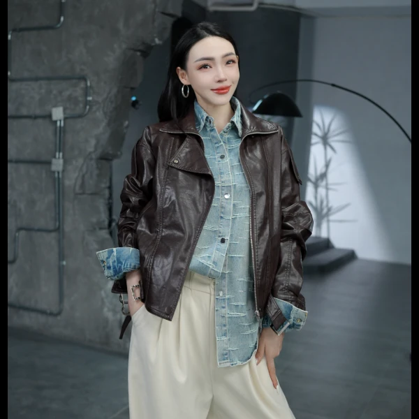 【方老板】黑色收腰皮衣外套女2025春秋新款时尚高级感翻领外套女