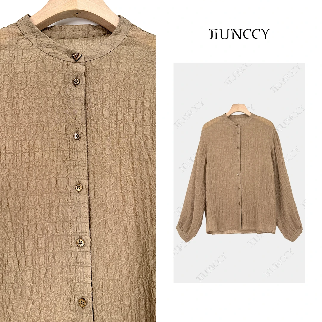 JIUNCCY【千茶】桑蚕丝褶皱肌理感圆领开衫长袖衬衣 52YCY163