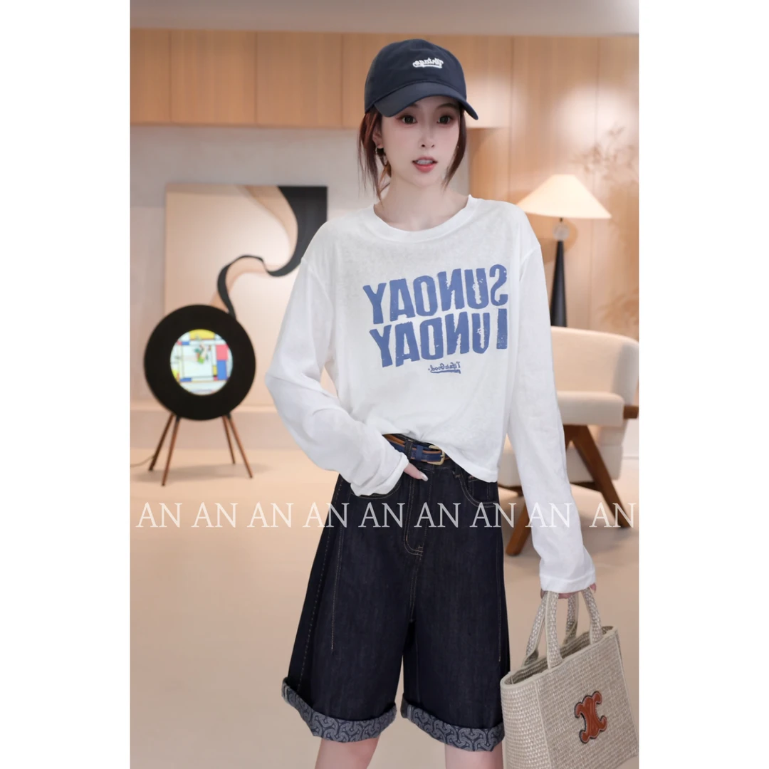 C05261新款圆领宽松别致后面绑带字母印花长袖防晒衫T恤