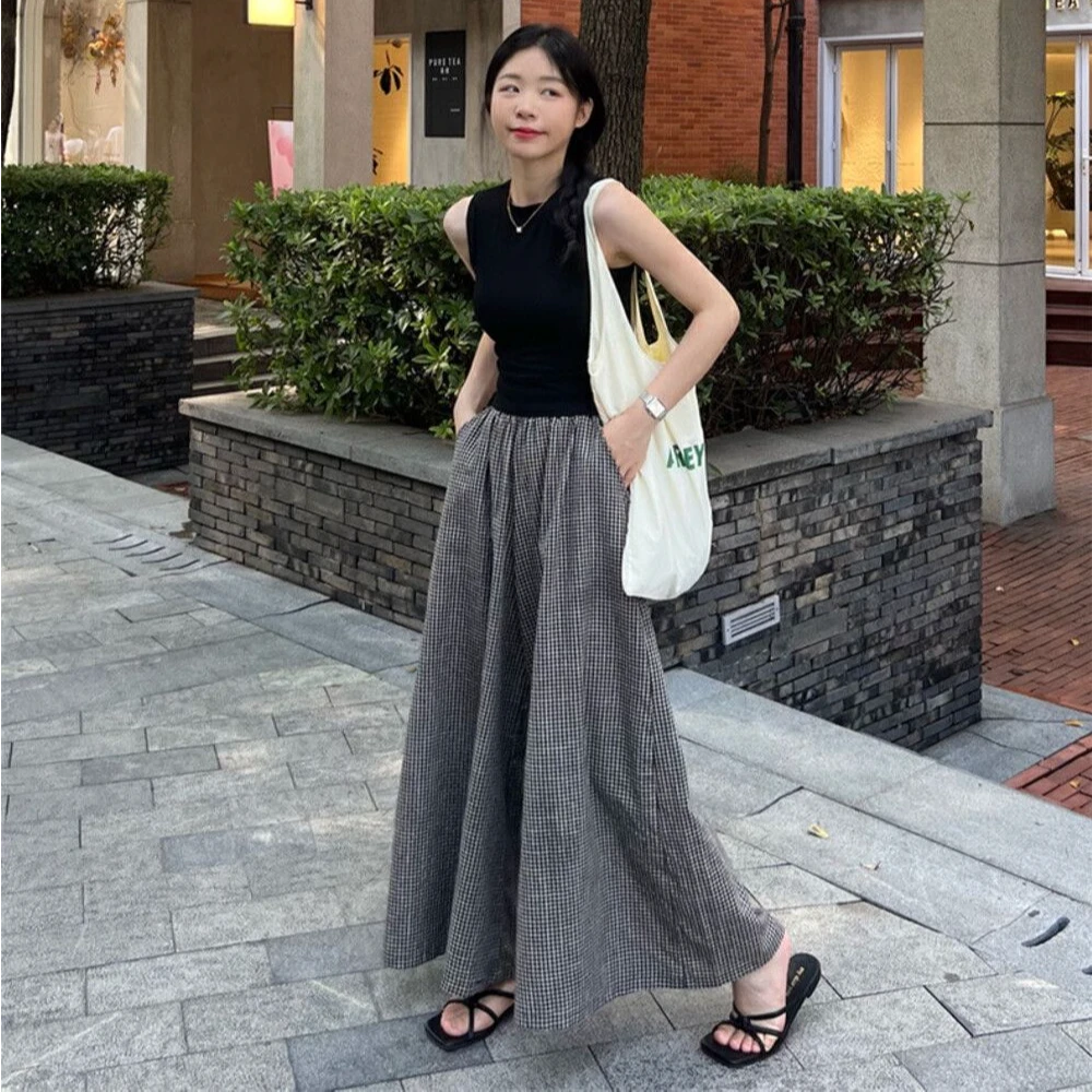 休闲简约工字修身短款背心女复古格子宽松遮肉显瘦九分阔腿裙裤女