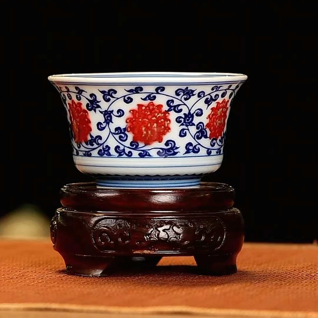 【小乔赏瓷1】堂钟正青花釉里红金刚莲马蹄杯tzz129