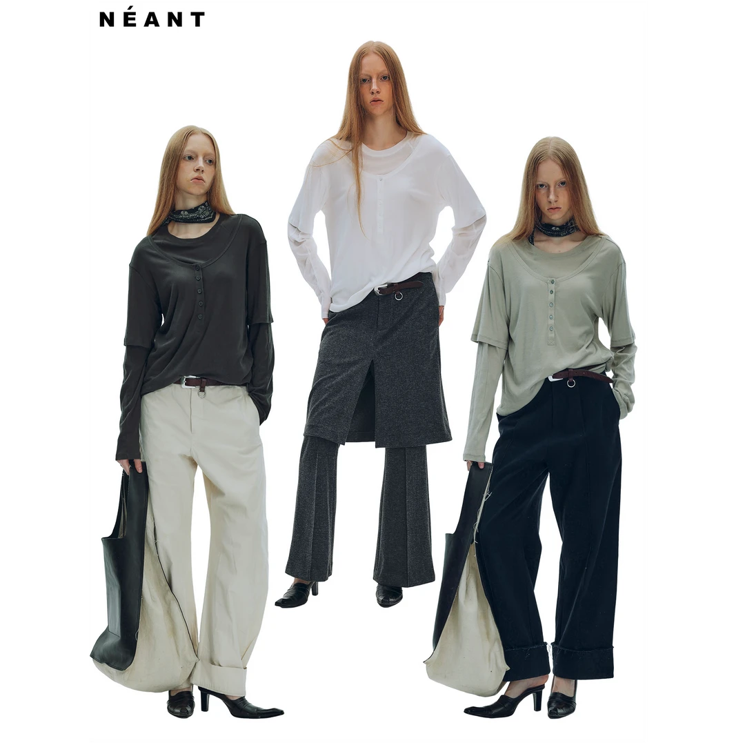 NEANT半截袖假两件亨利领全棉针织上衣 深灰色/纯白/豆绿灰