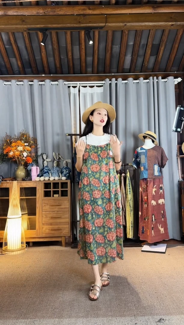 设计师款绿花吊带裙
