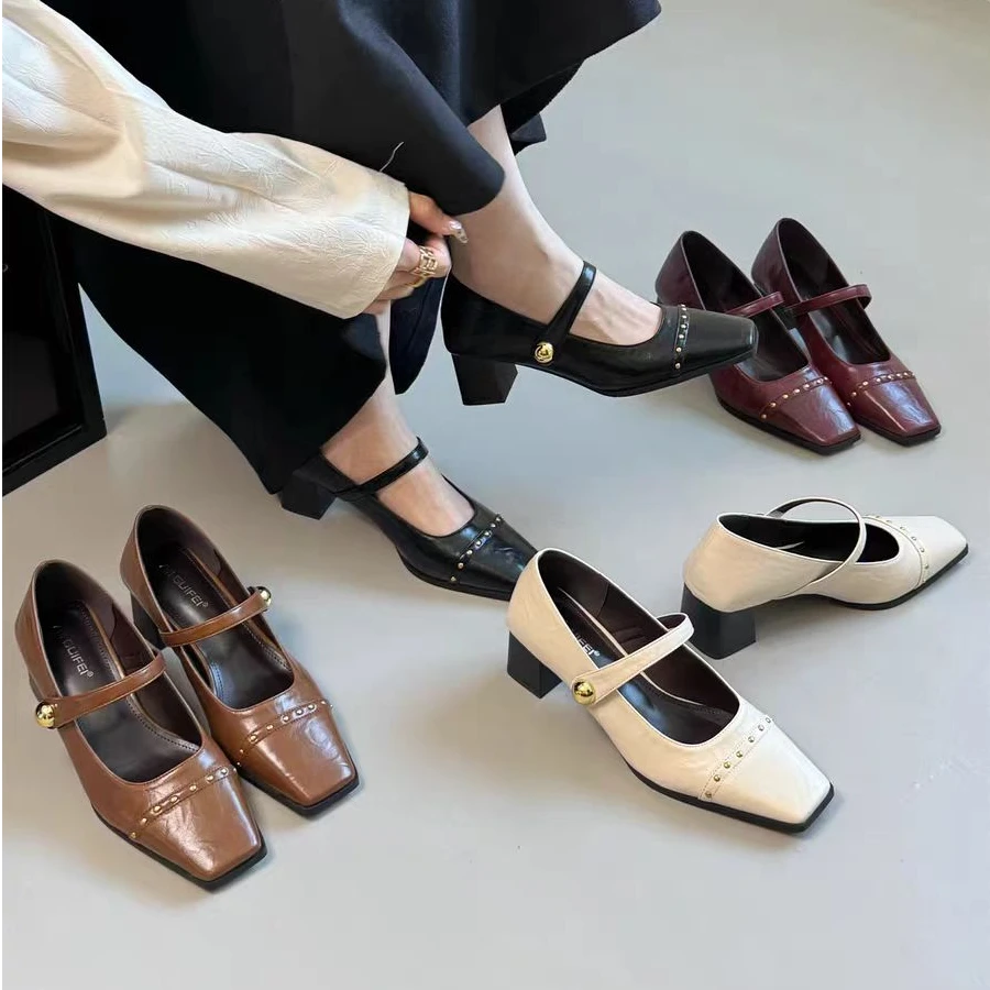 VEEFSHOW 766-2 粗跟单鞋女春季女鞋方头鞋浅口一字扣带玛丽珍鞋