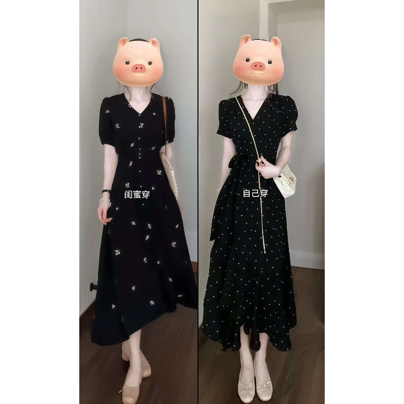 茶歇遮肚子法式v领黑色波点连衣裙子女夏季新款大码独特掐腰长裙