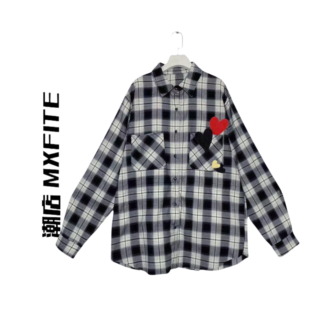 MXFITE潮店春季新款个性贴布爱心印花格纹长袖衬衫（LF28601）