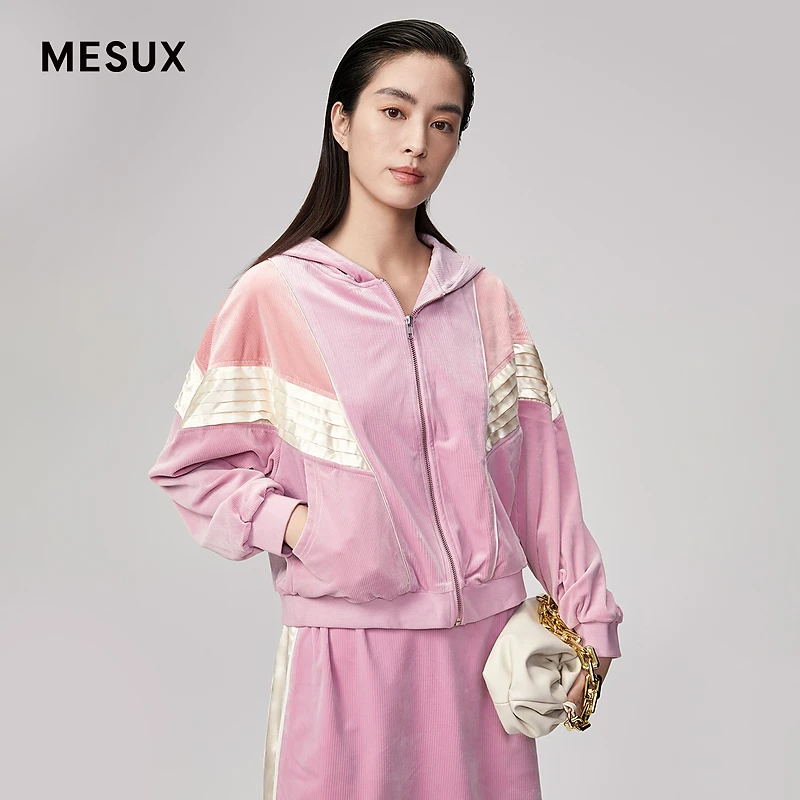 【高高甄选】MESUX米岫 轻奢运动VINTAGE灯芯绒摩登撞色短款连帽卫