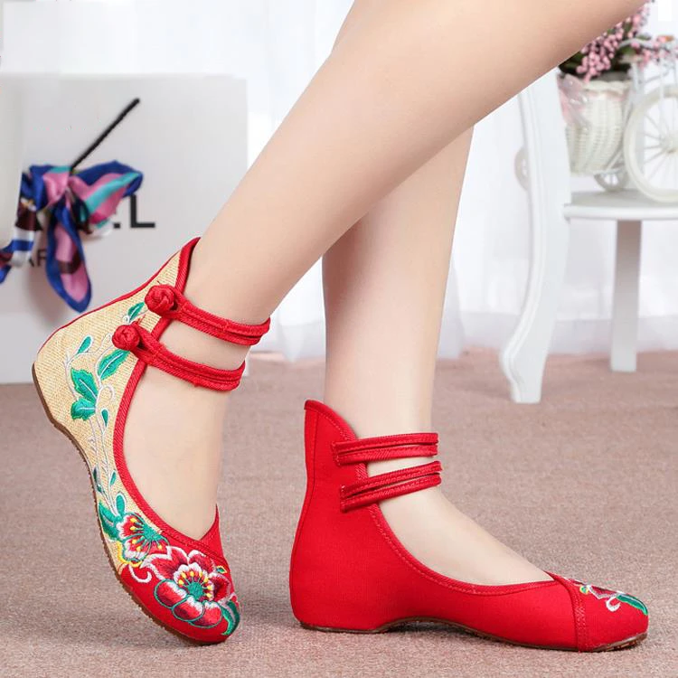 新款正品老北京布鞋舞蹈民族风拼色绑带绣花鞋内增高坡跟女单鞋