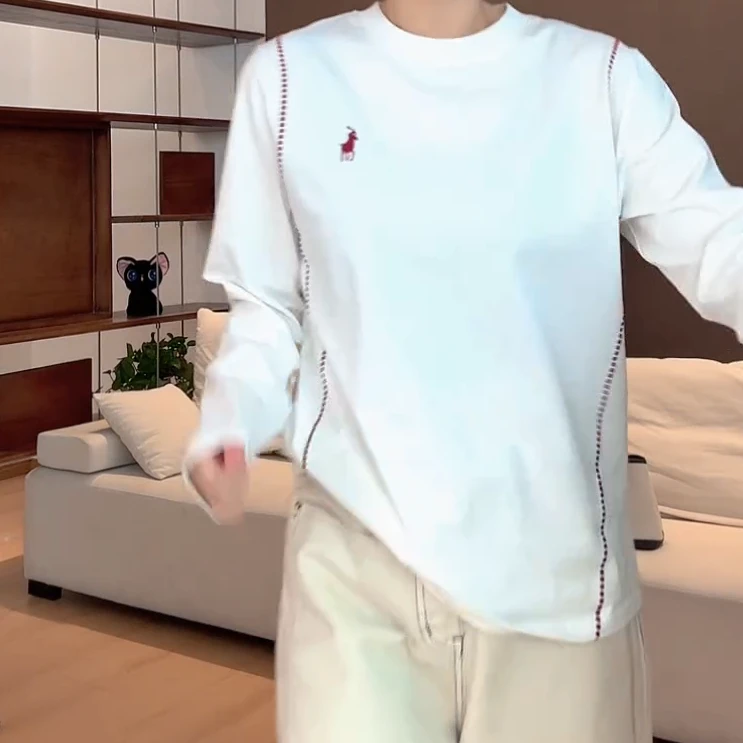 "三花猫" 新款撞色线条刺绣百搭长袖C5839