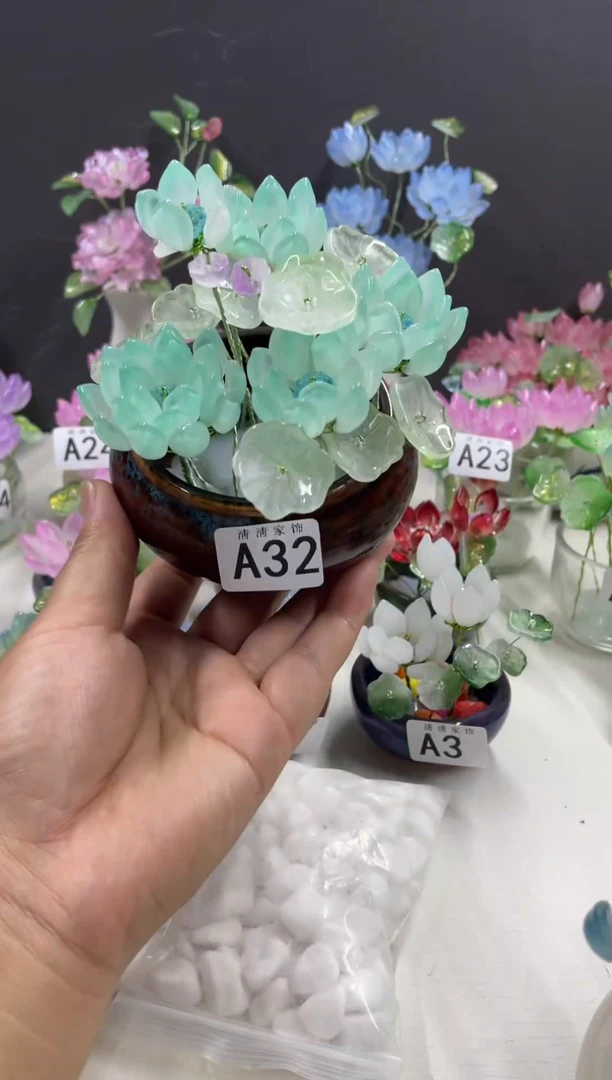 玻璃A32琉璃荷花小盆栽```````