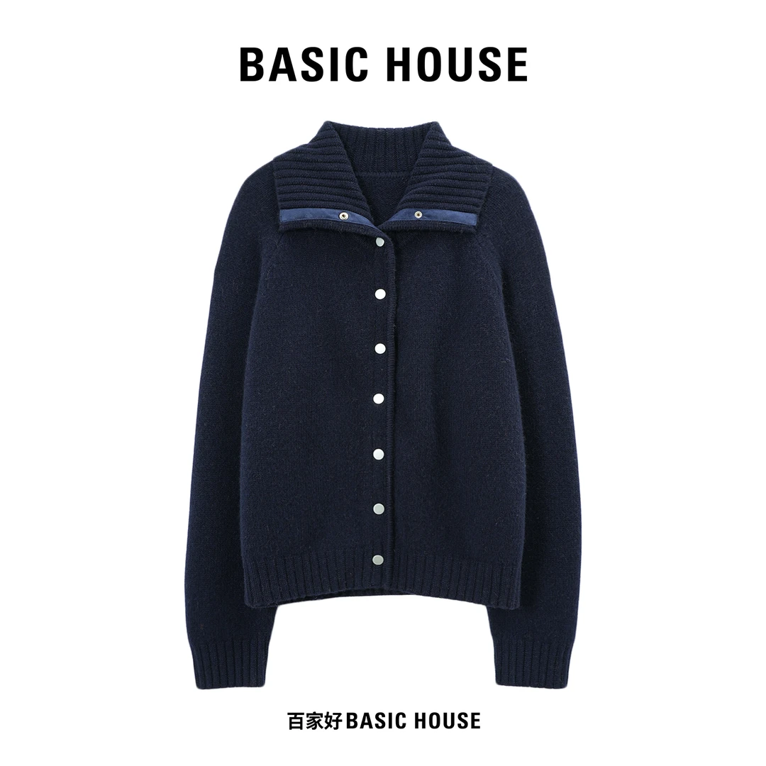 Basic House/百家好2025新款金属扣翻领设计师加厚毛衣U762 XX