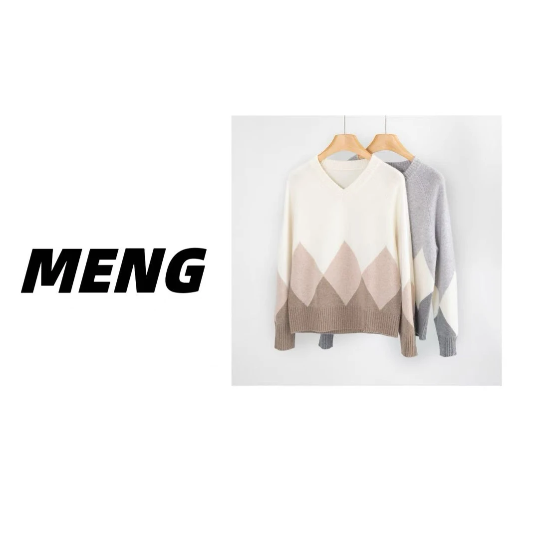 【1988系列-小山羊绒】‘’迷人系‘’V领菱形拼色羊绒衫