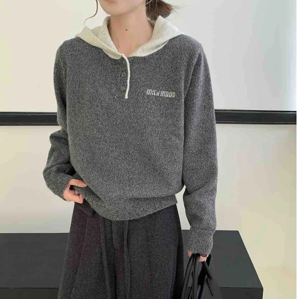 【静姐家】98617拼色帽子设计女休闲宽松女针织上衣