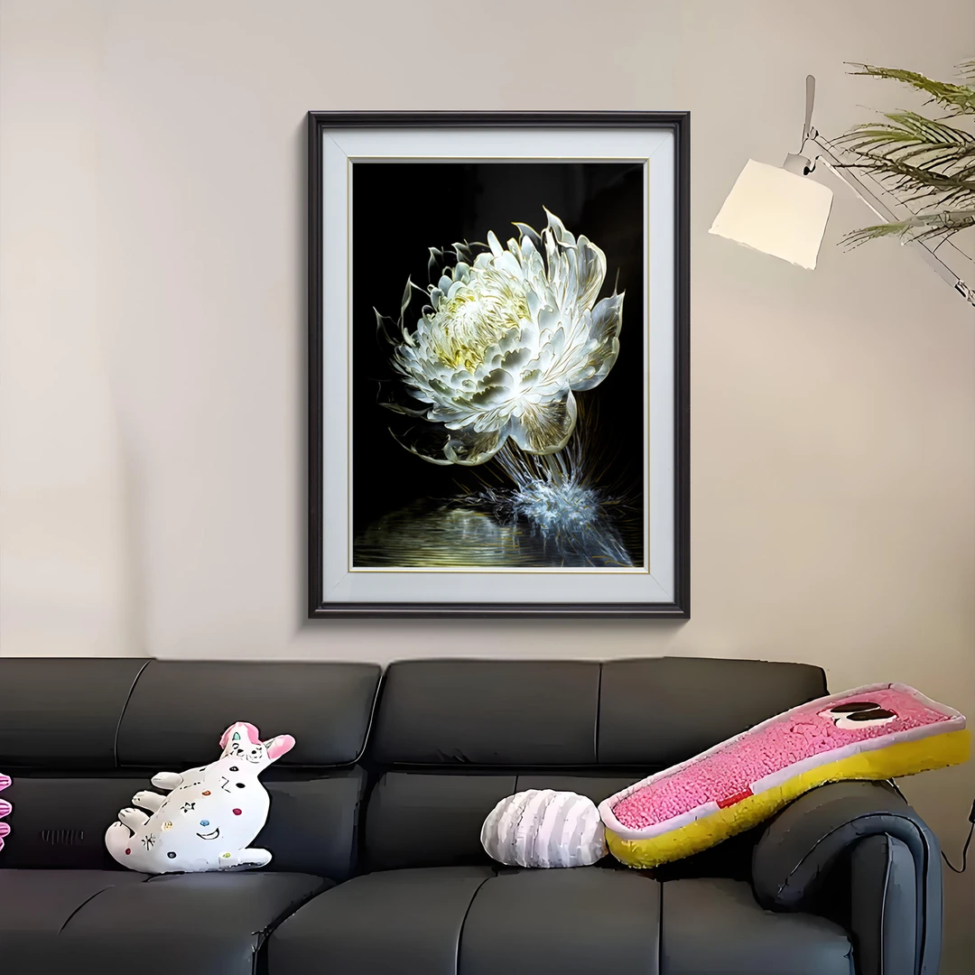 益师傅新中式光影睡莲客厅玄关竖版挂画新中式客厅沙发装饰花6070