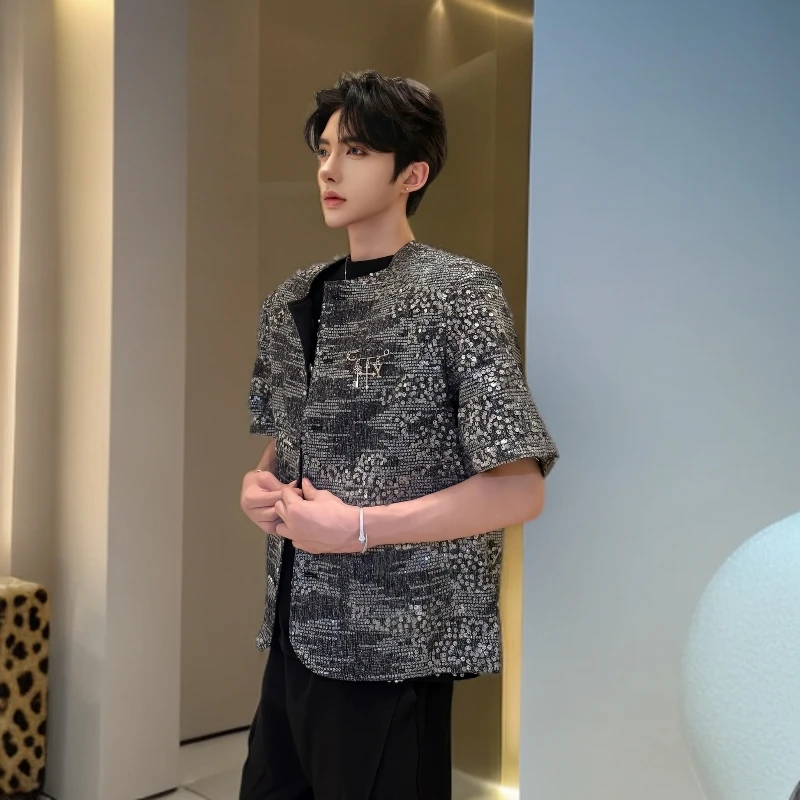 男模穿搭小众亮片垫肩短袖外套夏季轻奢高级感上衣半袖男士夹克