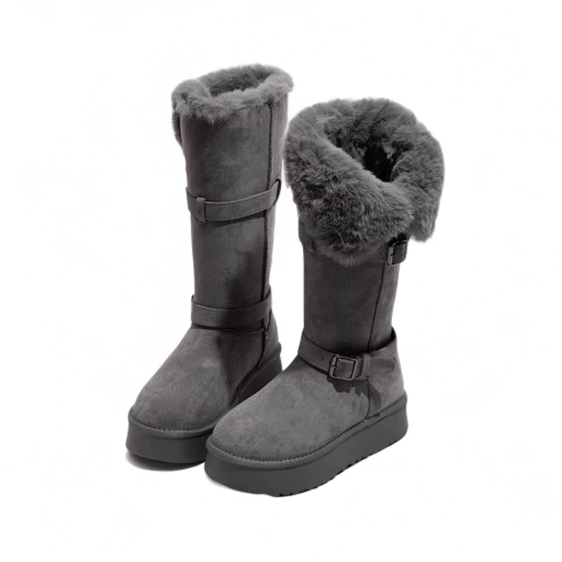 灰色真皮高筒雪地靴女冬季新款厚底加绒加厚中长筒靴雪地棉靴棉鞋