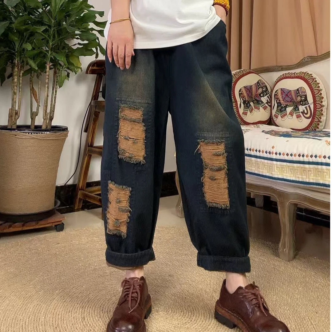 本古佳1204牛仔八分萝卜裤135*88做旧水洗破洞百搭休闲裤松紧腰