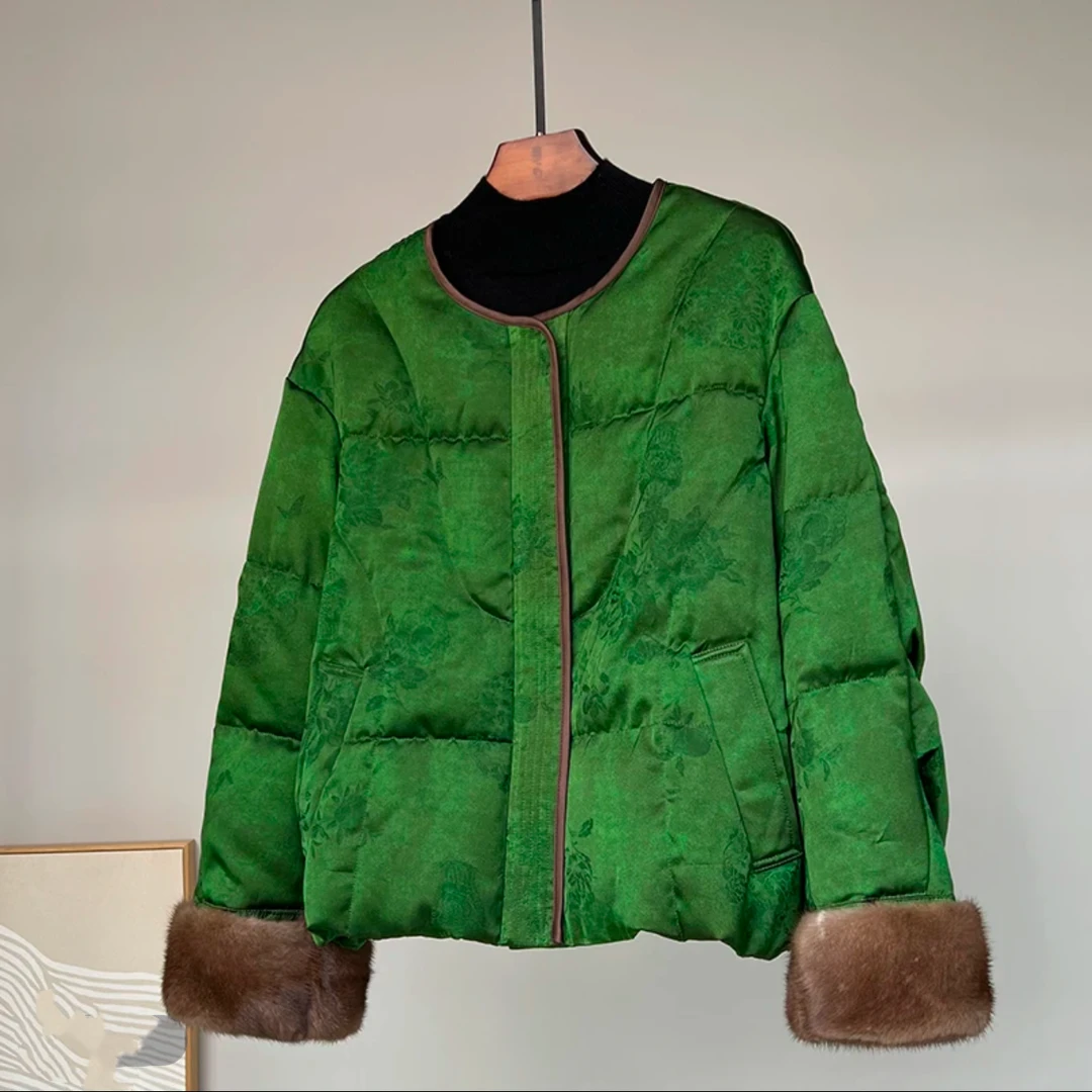 祖母绿 新中式时尚轻奢轻质圆领长袖棉服女百搭设计感