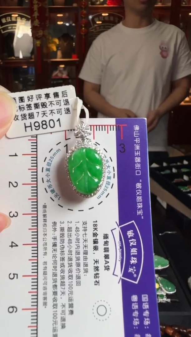 颈饰18K金镶嵌翡翠H9801冰绿叶子