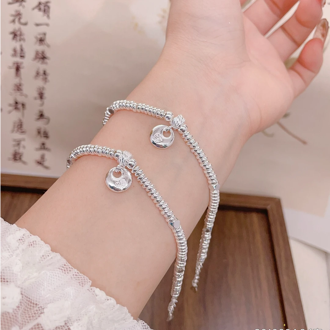 足银手链 A8226【小胖福碎银盘缠手链】足银990经典百搭个性甜美