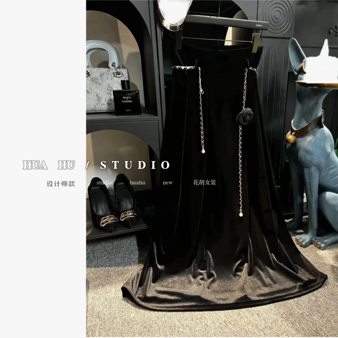 【香奶奶2.55】山茶花腰带+黑色设计感丝绒半身裙new