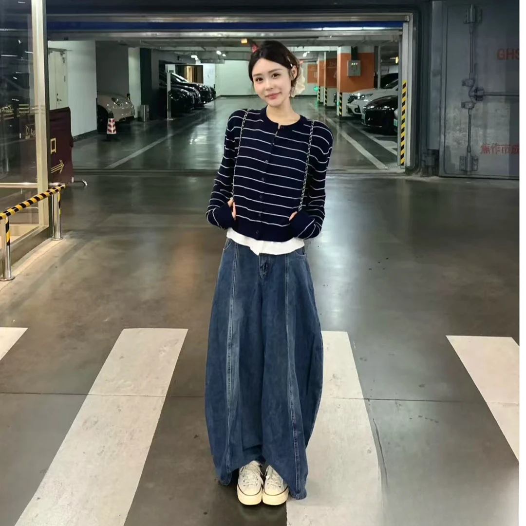 福利---秋冬藏青色条纹针织衫2025气质休闲修身长袖开衫外套