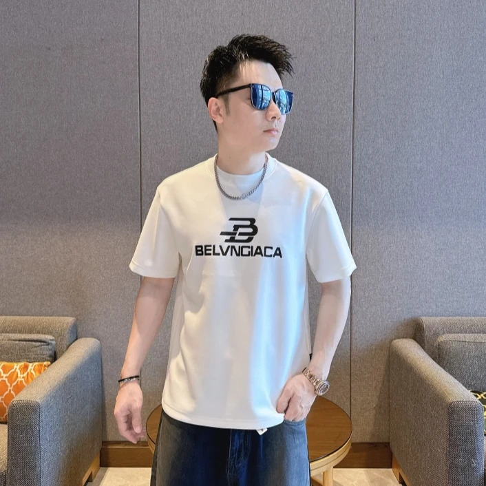 男士早秋新款纯色宽松廓形潮牌休闲短袖圆领百搭字母印花t恤时尚