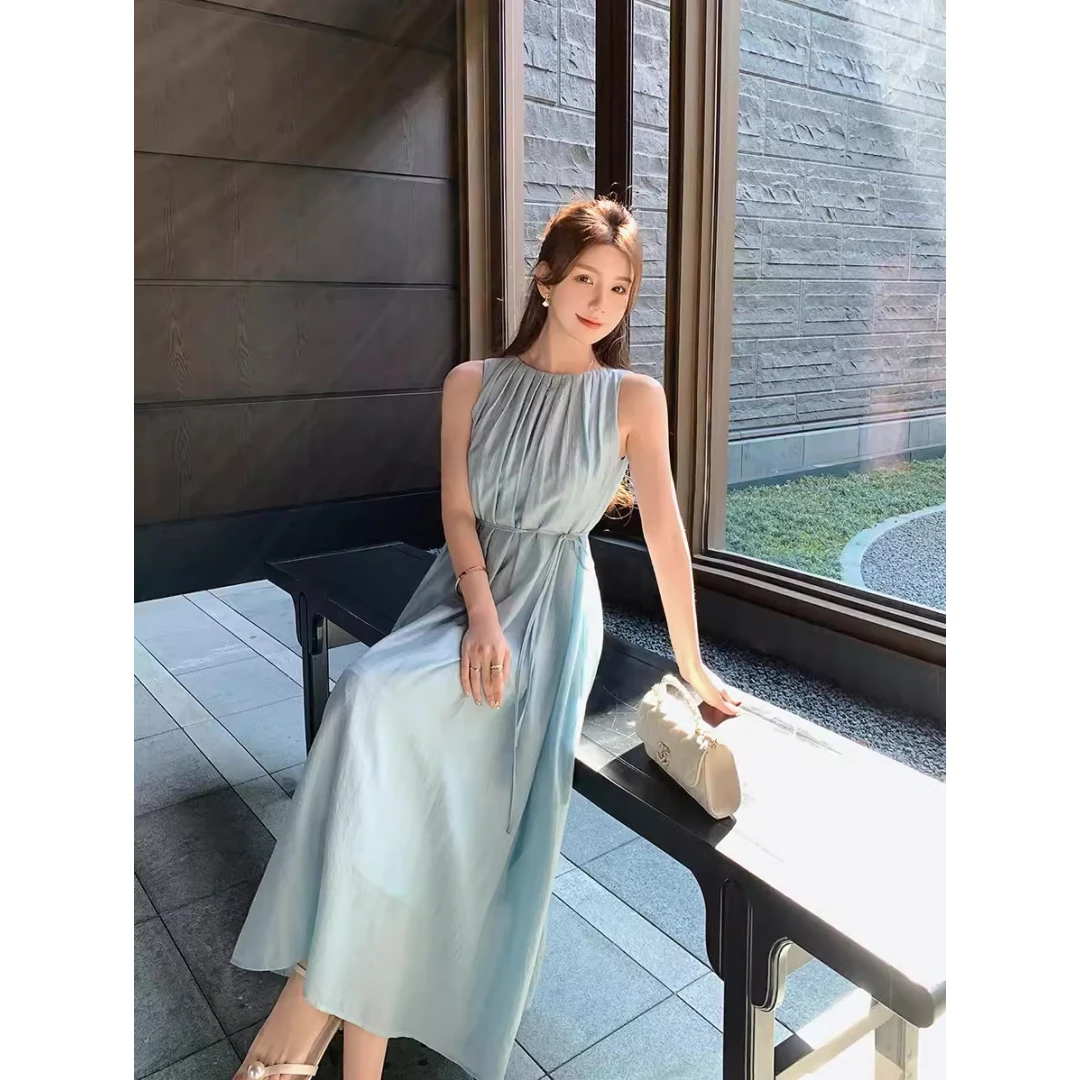 【碧海轻舞】夏季吊带宽松长款无袖连衣裙收腰女款气质长裙L24462
