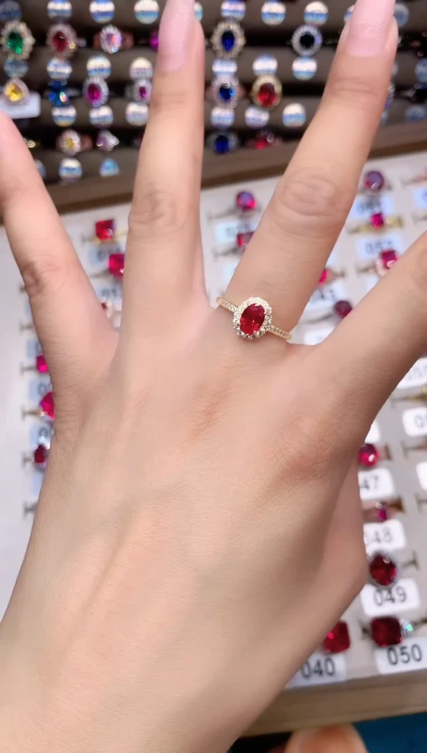 红宝石戒指银S925镶嵌酒红金色57