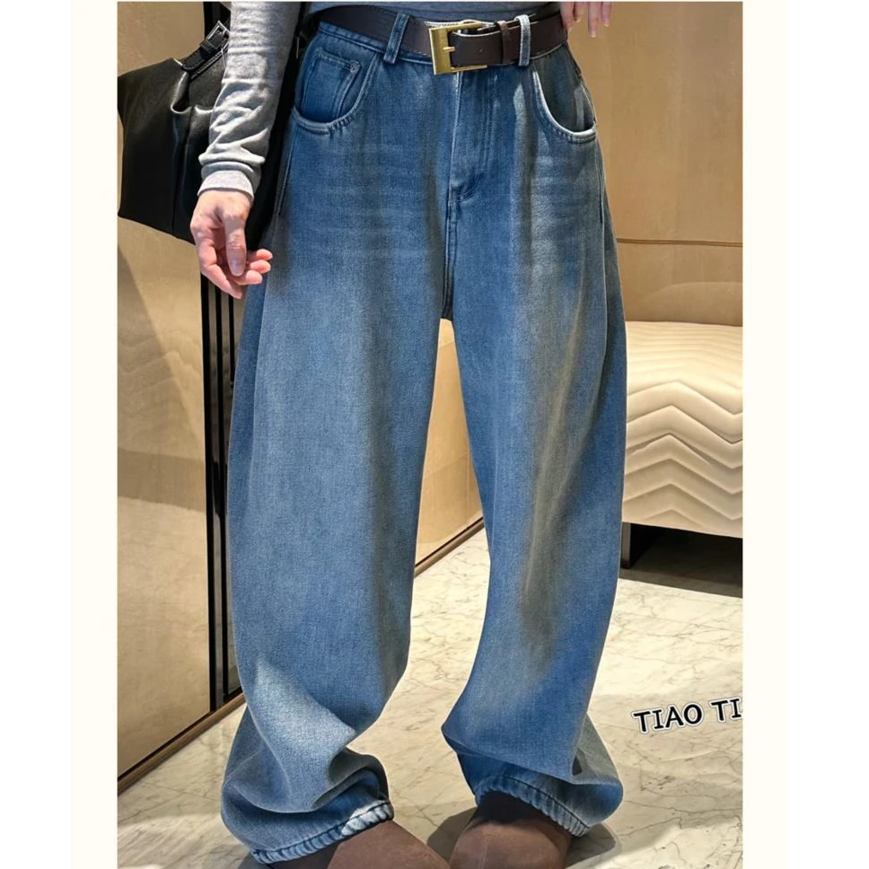 【鱼买买专属】高腰直筒加绒牛仔裤女秋冬时尚加厚休闲阔腿裤