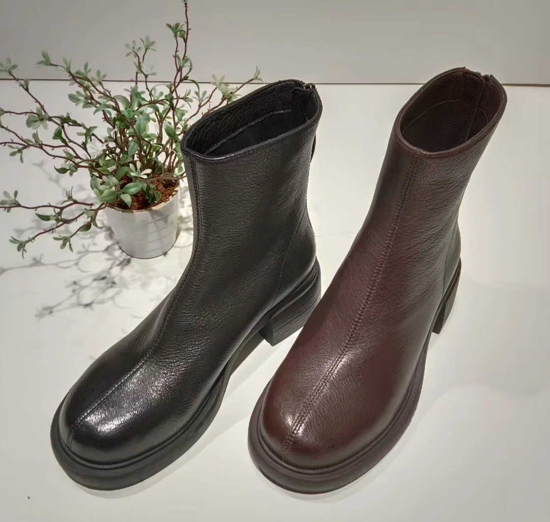 狄士诺2025新款圆头马丁靴英伦风粗跟瘦瘦靴防水台透气冬季