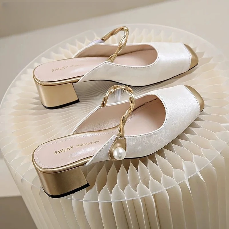 三福法式休闲一字半拖2025春夏季新款仙女风包头粗跟玛丽珍凉拖鞋