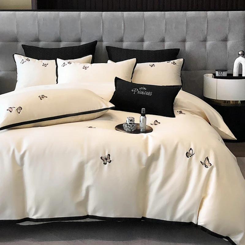 高端轻奢100支纯棉长绒棉蝴蝶刺绣四件套全棉丝滑可裸睡床品全棉